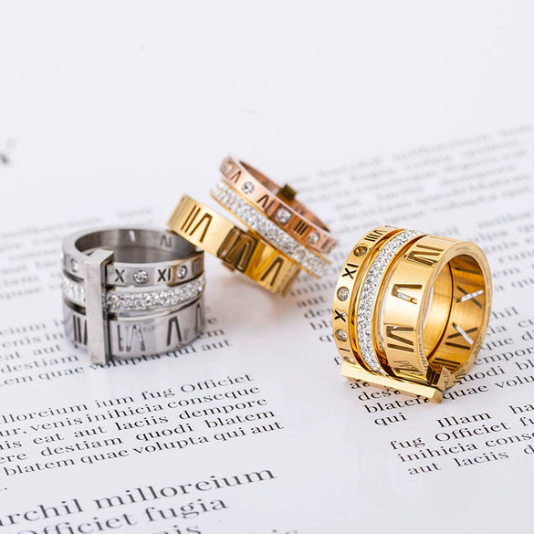 Wholesale Women's Titanium Steel Diamond Ring With Geometric Pattern And Roman Numerals Retro Exaggerated Style