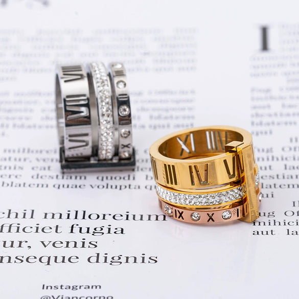 Wholesale Women's Titanium Steel Diamond Ring With Geometric Pattern And Roman Numerals Retro Exaggerated Style
