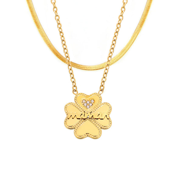Wholesale Women's 316L Stainless Steel Double Clavicle Necklace With Zircon Fourleaf Flower Pendant Geometric Heart Letter Pattern Electroplated