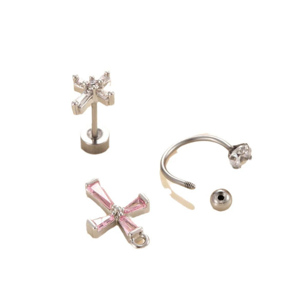 Wholesale Women's Titanium Steel Double Head Screw Ear Nail With Square Zircon And Cross Design Lovely Style
