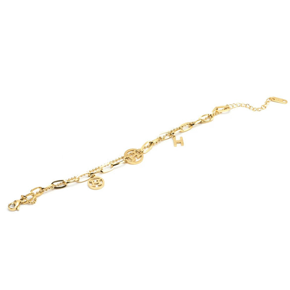 Wholesale Women's Titanium Steel Double Layer Bead Cross Thick Chain Bracelet With Letter H And 2 H Rings Geometric Pattern Electroplated