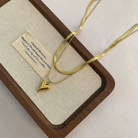 Wholesale Women's Titanium Steel Double Layer Stacked Love Snake Bone Chain Necklace Light Luxury Style With Heart And Geometric Pattern Electroplated