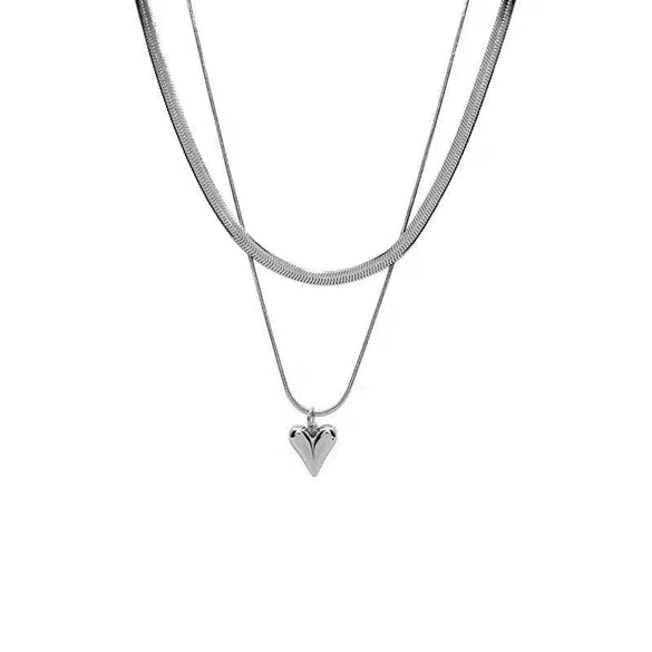 Wholesale Women's Titanium Steel Double Layer Stacked Love Snake Bone Chain Necklace Light Luxury Style With Heart And Geometric Pattern Electroplated