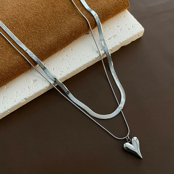 Wholesale Women's Titanium Steel Double Layer Stacked Love Snake Bone Chain Necklace Light Luxury Style With Heart And Geometric Pattern Electroplated