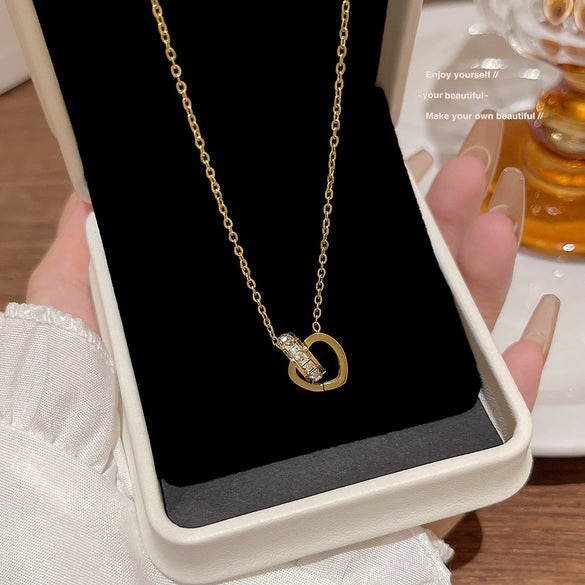 Wholesale Women's Titanium Steel Doublering Heartshaped Geometric Pattern Necklace With Mixed Gemstone Setting