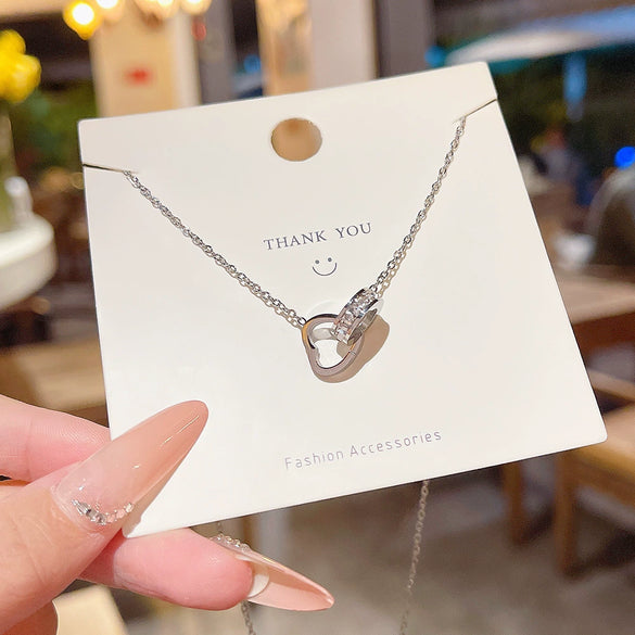 Wholesale Women's Titanium Steel Doublering Heartshaped Geometric Pattern Necklace With Mixed Gemstone Setting