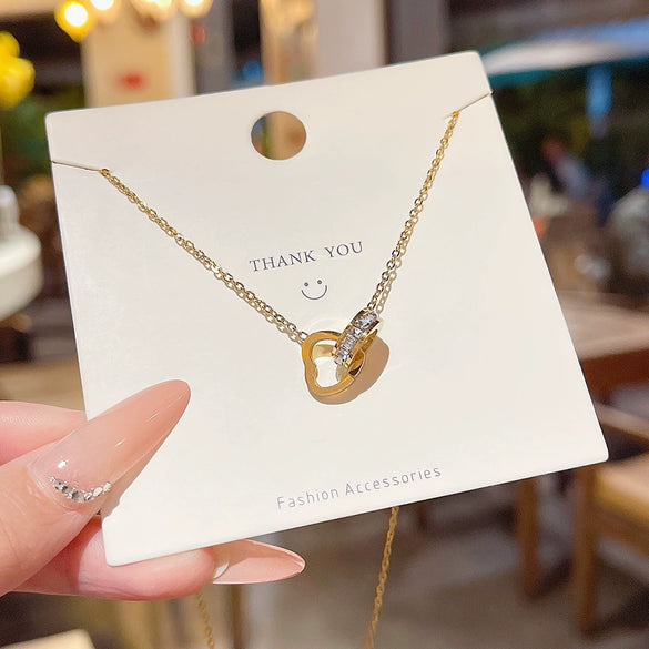 Wholesale Women's Titanium Steel Doublering Heartshaped Geometric Pattern Necklace With Mixed Gemstone Setting