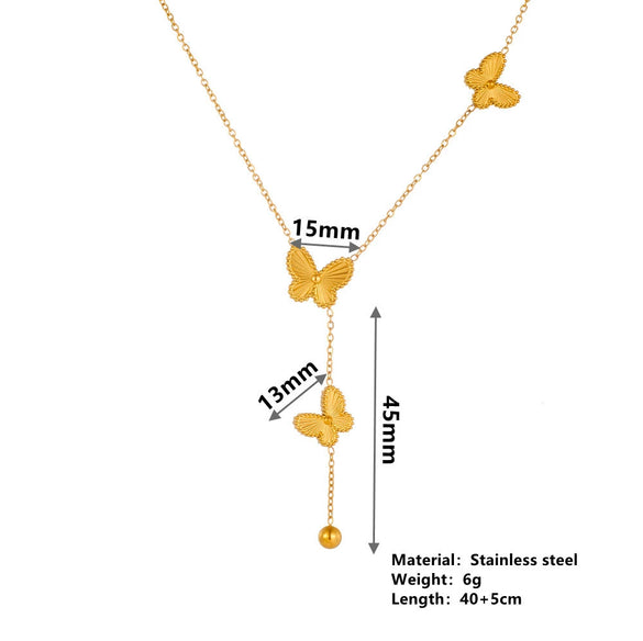 Wholesale Women's Titanium Steel Doublesided Butterfly Flower Ball Tassel Necklace With Geometric Pattern And Electroplating Treatment