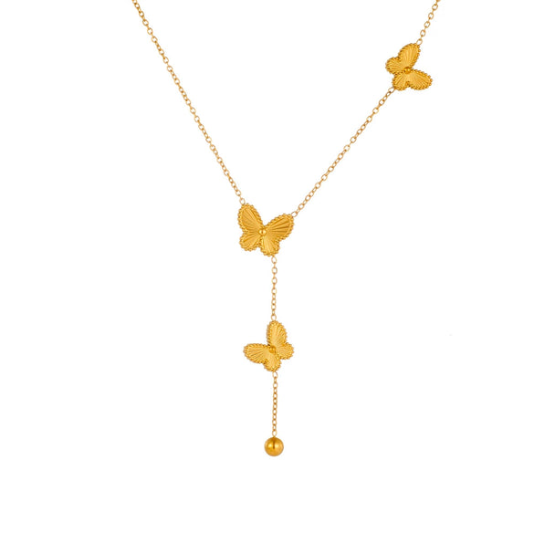 Wholesale Women's Titanium Steel Doublesided Butterfly Flower Ball Tassel Necklace With Geometric Pattern And Electroplating Treatment