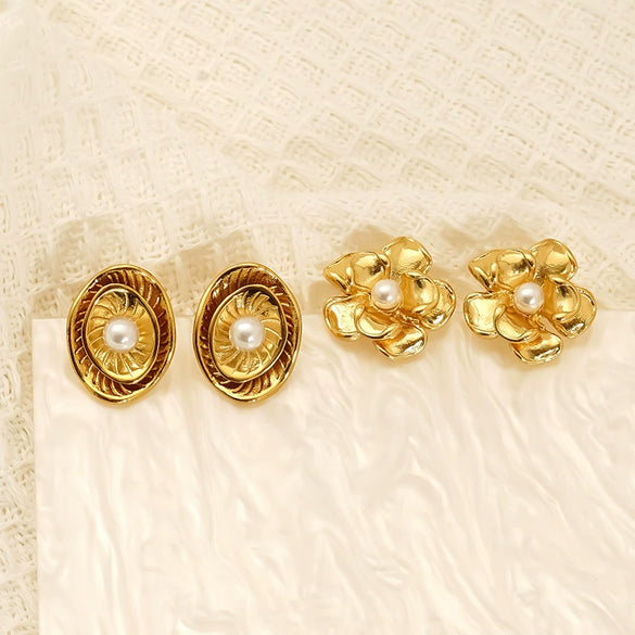 Wholesale Women's Titanium Steel Earrings Set With Imitation Pearls In Flower Shape