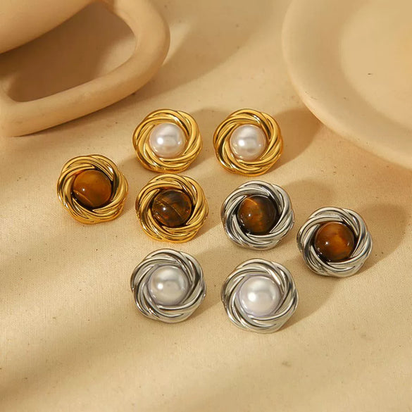 Wholesale Women's Titanium Steel Earrings With Amber Inlay Geometric And Flower Patterns Highend Sense