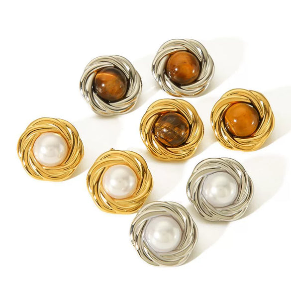 Wholesale Women's Titanium Steel Earrings With Amber Inlay Geometric And Flower Patterns Highend Sense
