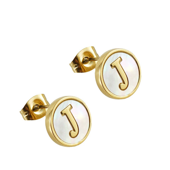 Wholesale Women's 316L Stainless Steel Earrings With Natural Shell Inlay And Letter Pattern Electroplated