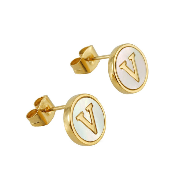 Wholesale Women's 316L Stainless Steel Earrings With Natural Shell Inlay And Letter Pattern Electroplated