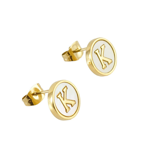 Wholesale Women's 316L Stainless Steel Earrings With Natural Shell Inlay And Letter Pattern Electroplated