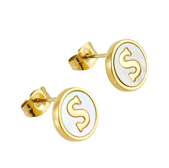 Wholesale Women's 316L Stainless Steel Earrings With Natural Shell Inlay And Letter Pattern Electroplated