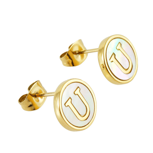 Wholesale Women's 316L Stainless Steel Earrings With Natural Shell Inlay And Letter Pattern Electroplated