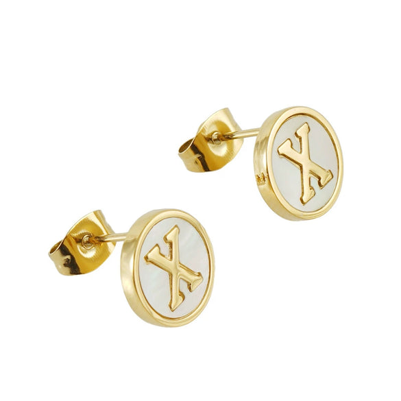Wholesale Women's 316L Stainless Steel Earrings With Natural Shell Inlay And Letter Pattern Electroplated
