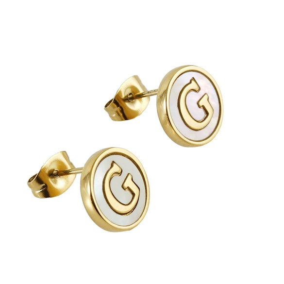 Wholesale Women's 316L Stainless Steel Earrings With Natural Shell Inlay And Letter Pattern Electroplated