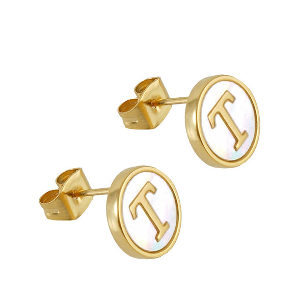 Wholesale Women's 316L Stainless Steel Earrings With Natural Shell Inlay And Letter Pattern Electroplated