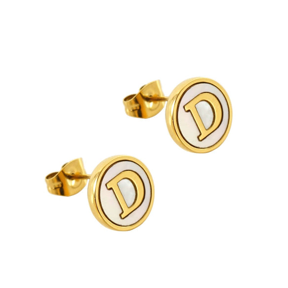 Wholesale Women's 316L Stainless Steel Earrings With Natural Shell Inlay And Letter Pattern Electroplated