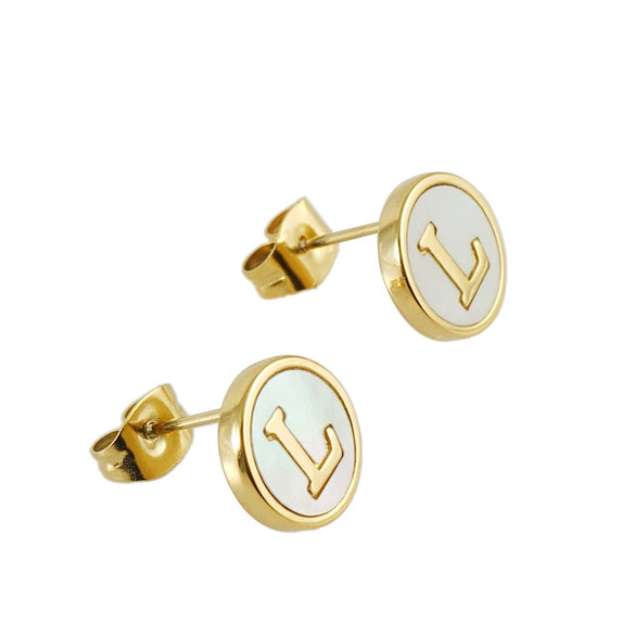 Wholesale Women's 316L Stainless Steel Earrings With Natural Shell Inlay And Letter Pattern Electroplated