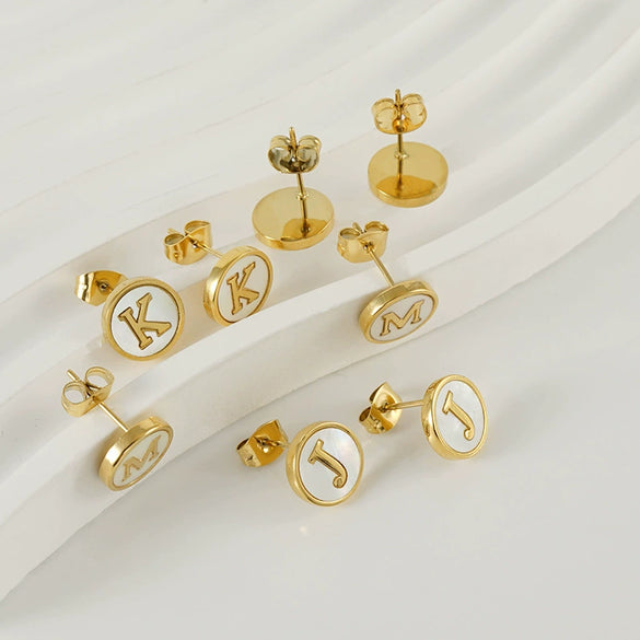 Wholesale Women's 316L Stainless Steel Earrings With Natural Shell Inlay And Letter Pattern Electroplated