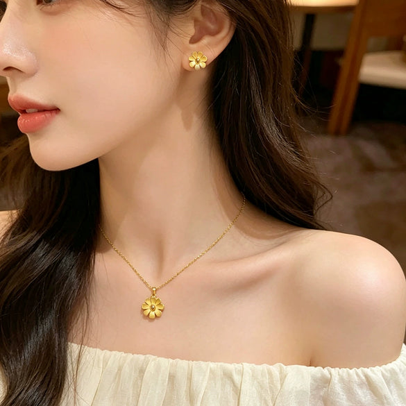 Wholesale Women's Titanium Steel Electroplated Daisy Flower Necklace And Earrings Set With Cross Chain