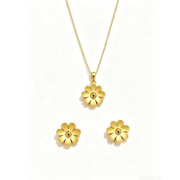 Wholesale Women's Titanium Steel Electroplated Daisy Flower Necklace And Earrings Set With Cross Chain