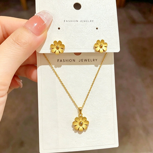 Wholesale Women's Titanium Steel Electroplated Daisy Flower Necklace And Earrings Set With Cross Chain