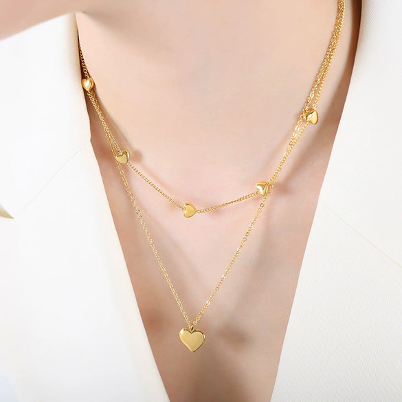 Wholesale Women's Titanium Steel Electroplated Heart Double Necklace Pendant Clavicle Chain Jewelry