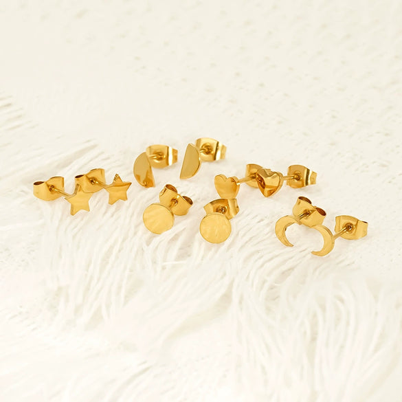 Wholesale Women's Titanium Steel Electroplated Heart Shape And Geometric Earrings With Simple Goldplated Small Star And Moon Design