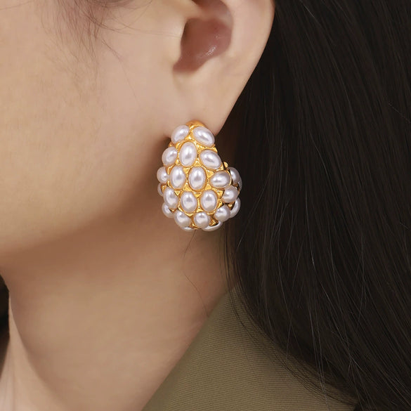 Wholesale Women's 316L Stainless Steel Electroplated 18K Gold Inlaid Imitation Pearl Water Drop Earrings With Geometric Design