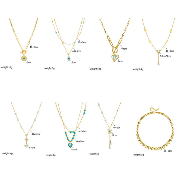 Wholesale Women's Titanium Steel Fashion Creative Simple Pearl Butterfly Colorful Rhinestone Love Pendant Tassel Multi Layer Stacked Necklace With Electroplating