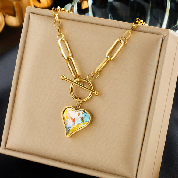 Wholesale Women's Titanium Steel Fashion Creative Simple Pearl Butterfly Colorful Rhinestone Love Pendant Tassel Multi Layer Stacked Necklace With Electroplating