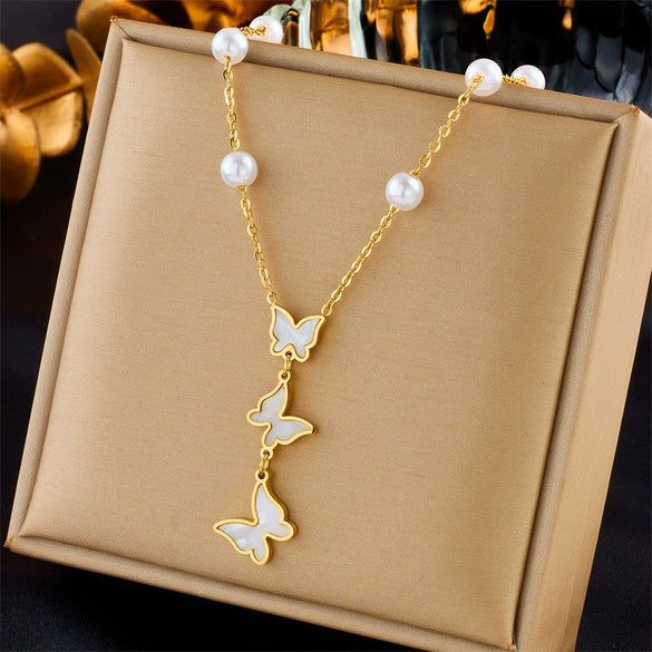 Wholesale Women's Titanium Steel Fashion Creative Simple Pearl Butterfly Colorful Rhinestone Love Pendant Tassel Multi Layer Stacked Necklace With Electroplating