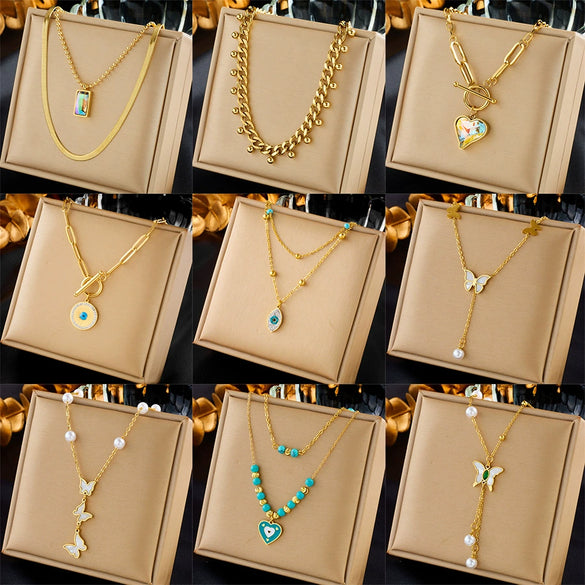 Wholesale Women's Titanium Steel Fashion Creative Simple Pearl Butterfly Colorful Rhinestone Love Pendant Tassel Multi Layer Stacked Necklace With Electroplating
