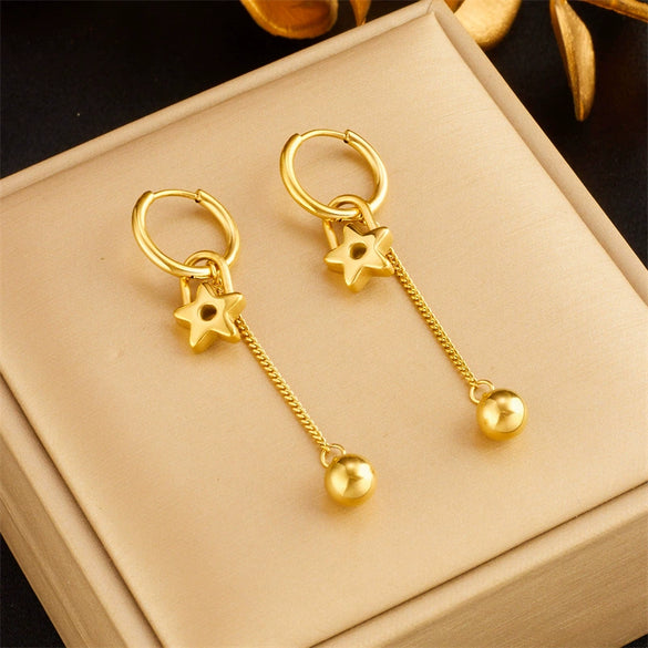 Wholesale Women's Titanium Steel Fashion Retro Niche Geometric Heart Fivepointed Star Pendant Round Earrings With Goldplated Chain Tassel Accessories