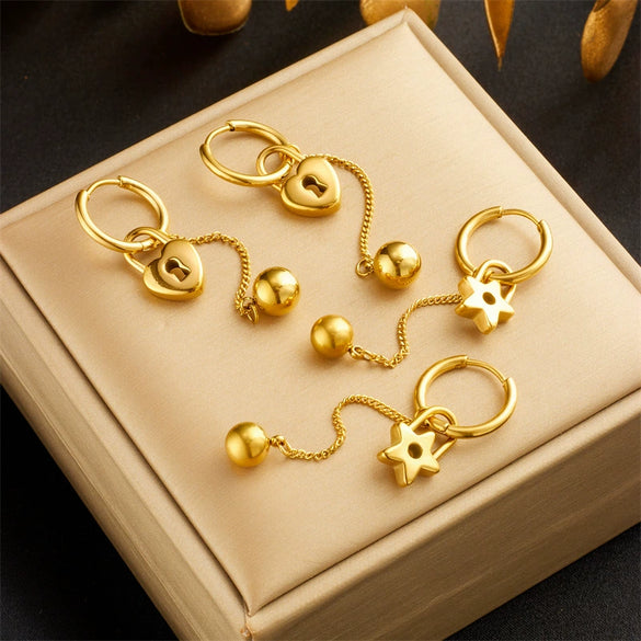 Wholesale Women's Titanium Steel Fashion Retro Niche Geometric Heart Fivepointed Star Pendant Round Earrings With Goldplated Chain Tassel Accessories