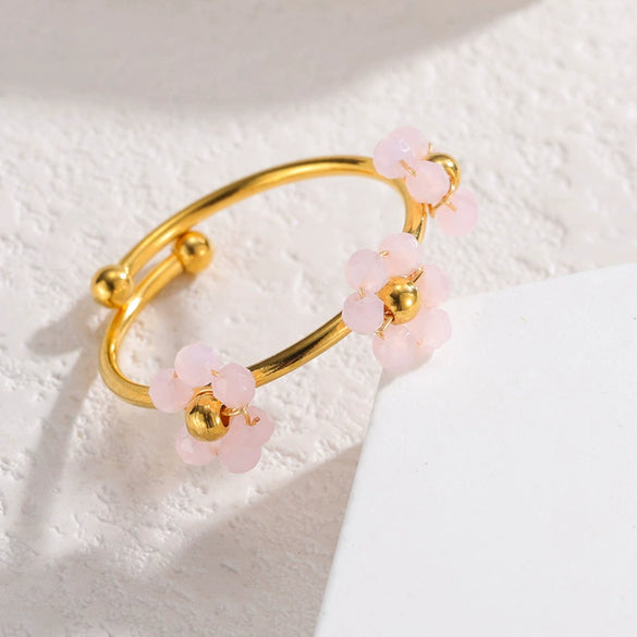 Wholesale Women's Titanium Steel Flower Beaded Ring With Electroplating Design