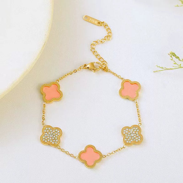 Wholesale Women's Titanium Steel Four Leaf Clover Diamond Bracelet With 18K Rose Gold Non Fading Finish