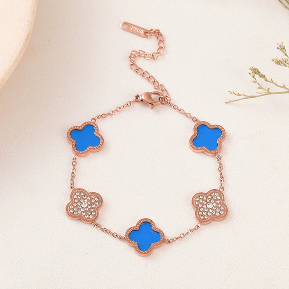 Wholesale Women's Titanium Steel Four Leaf Clover Diamond Bracelet With 18K Rose Gold Non Fading Finish