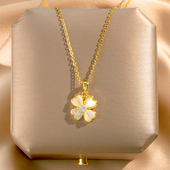 Wholesale Women's Titanium Steel Fourleaf Clover And Leaves Pattern Diamond Mixed Gem Inlay Cross Chain Necklace