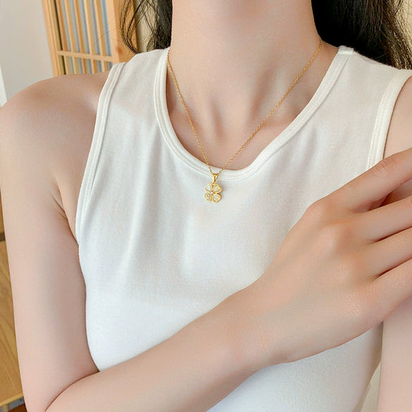 Wholesale Women's Titanium Steel Fourleaf Clover And Leaves Pattern Diamond Mixed Gem Inlay Cross Chain Necklace