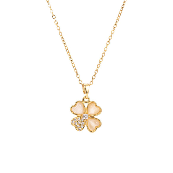 Wholesale Women's Titanium Steel Fourleaf Clover And Leaves Pattern Diamond Mixed Gem Inlay Cross Chain Necklace
