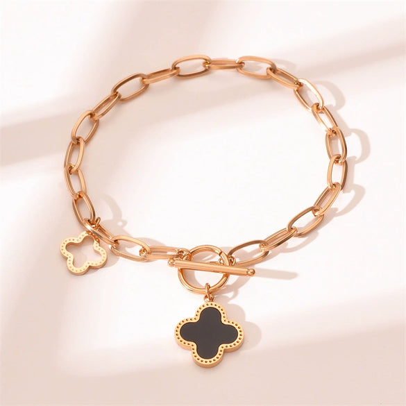 Wholesale Women's Titanium Steel Fourleaf Clover Bracelet With Geometric Design Electroplated