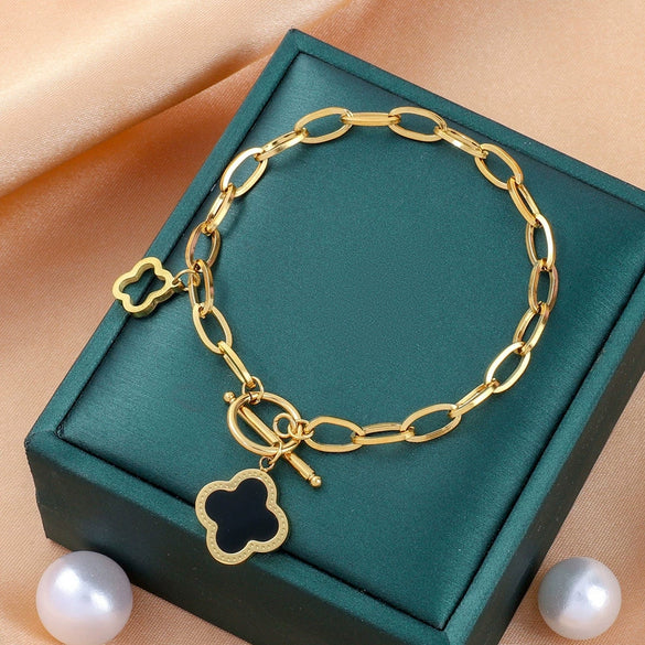 Wholesale Women's Titanium Steel Fourleaf Clover Bracelet With Geometric Design Electroplated