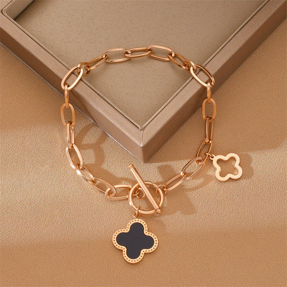 Wholesale Women's Titanium Steel Fourleaf Clover Bracelet With Geometric Design Electroplated