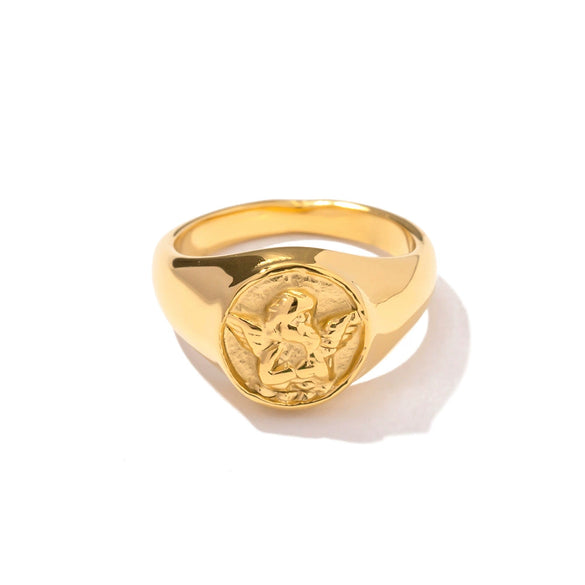 Wholesale Women's Titanium Steel French Retro Round Angel Ring With Cartoon Characters And Electroplating Treatment