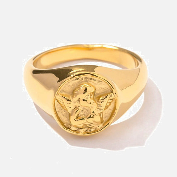 Wholesale Women's Titanium Steel French Retro Round Angel Ring With Cartoon Characters And Electroplating Treatment
